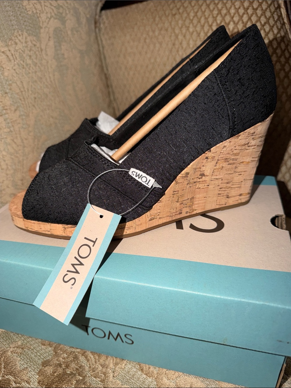 Toms Black Canvas Cork Wedge Peep-Toe Heels
